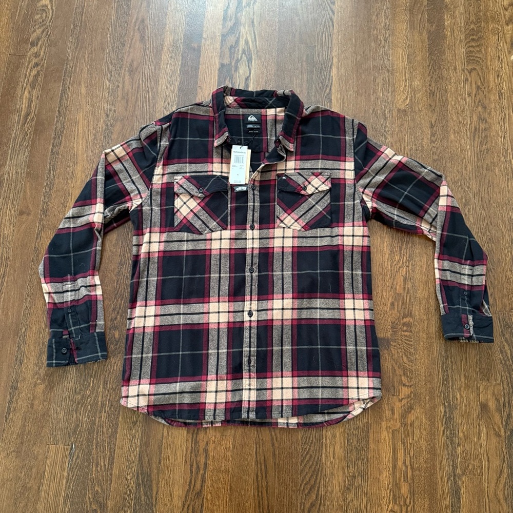 Quiksilver Black and Red Plaid Flannel Button-Down with Stretch